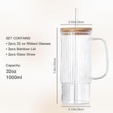 2PCS 32Oz Glass Tumbler with Handle – Vintage Ribbed Drinking Cups with Lids & Straws, Large Iced Coffee Mug for Water, Smoothies, and Summer Beverages