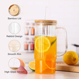 2PCS 32Oz Glass Tumbler with Handle – Vintage Ribbed Drinking Cups with Lids & Straws, Large Iced Coffee Mug for Water, Smoothies, and Summer Beverages
