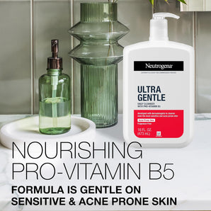 Neutrogena Ultra Gentle Daily Facial Cleanser with Pro-Vitamin B5 for Acne-Prone & Sensitive Skin, Fragrance-Free, Dye-Free, Soap-Free, Paraben-Free & Hypoallergenic Face Wash, 16 Fl. Oz