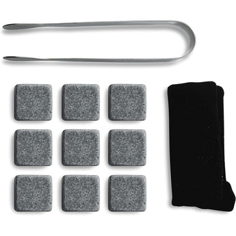 Set of 9 Grey Beverage Chilling Stones [Chill Rocks] Whiskey Stones for Whiskey and Other Beverages - in Gift Box with Velvet Carrying Pouch - Made of 100% Pure Soapstone - by Quiseen