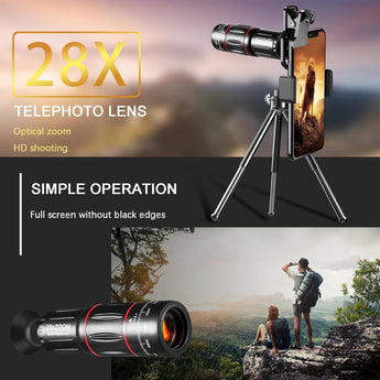 Phone Camera Lens Kit Upgraded Version Telephoto 28X Wide Angle 0.6X Macro 20X Fisheye 198° for Most Smartphones (Black)