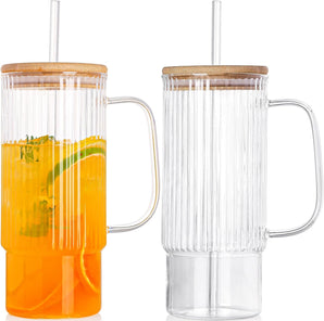 2PCS 32Oz Glass Tumbler with Handle – Vintage Ribbed Drinking Cups with Lids & Straws, Large Iced Coffee Mug for Water, Smoothies, and Summer Beverages