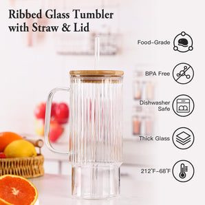 2PCS 32Oz Glass Tumbler with Handle – Vintage Ribbed Drinking Cups with Lids & Straws, Large Iced Coffee Mug for Water, Smoothies, and Summer Beverages