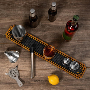 24" X 4" Premium Cocktail Bar Mat Bumper - Rail Service Mat with Gold Border - Durable Stylish Spill Mat for Kitchen, Home, and Mobile Bars, Mixologists, and Cocktail Enthusiasts
