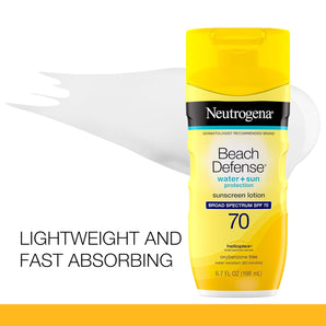Neutrogena Sunscreen Lotion Beach Defense SPF 70, 6.7 Fl Oz, Face and Body Sunscreen, Oil Free, Fast Absorbing, Oxybenzone Free Sun Care