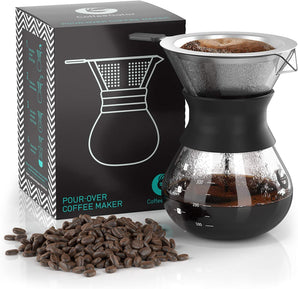 Coffee Gator Pour over Coffee Maker Portable - 10.5Oz High Heat Borosilicate Glass W/Reusable Stainless Steel Filter, Drip Coffee Brewer Pourover Dripper Set Carafe, 300Ml Black