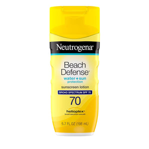 Neutrogena Sunscreen Lotion Beach Defense SPF 70, 6.7 Fl Oz, Face and Body Sunscreen, Oil Free, Fast Absorbing, Oxybenzone Free Sun Care